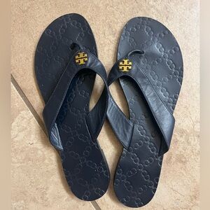 Black Leather Tory Burch Flip Flops